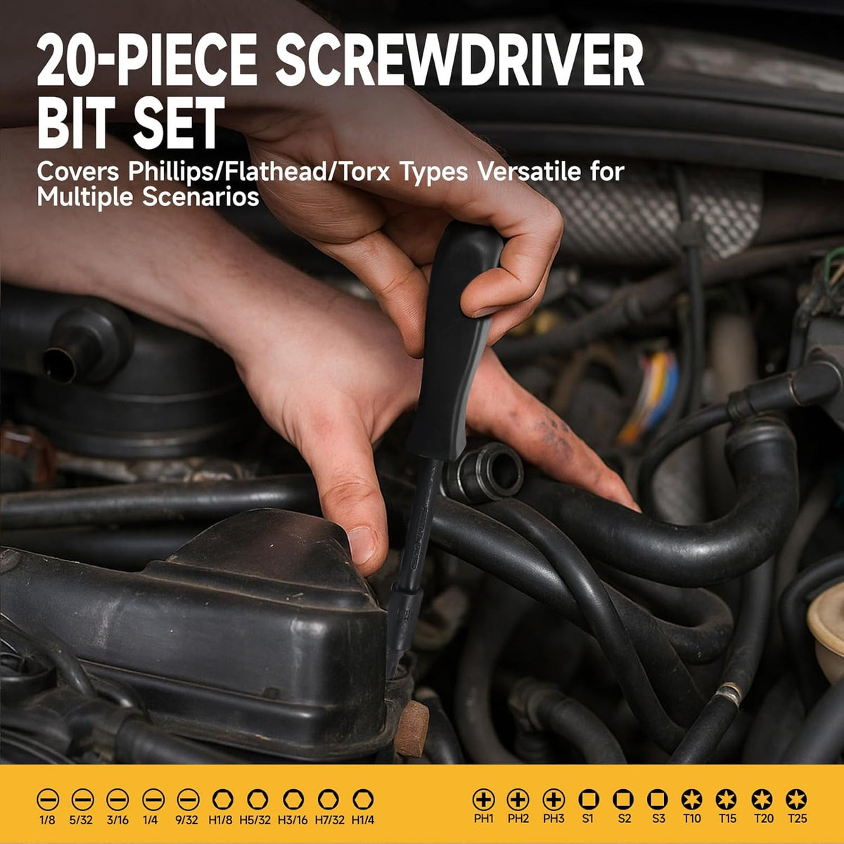 72 PCS 3/8" Impact Socket Bit Set 6 Point, CRV SAE and Metric Sizes (5/16 to 3/4-Inch & 8-22 mm), 2 Extension Rods, 1/4" & 1/2" Adapter, Universal Joint, Screwdriver Handle with 20 Bits