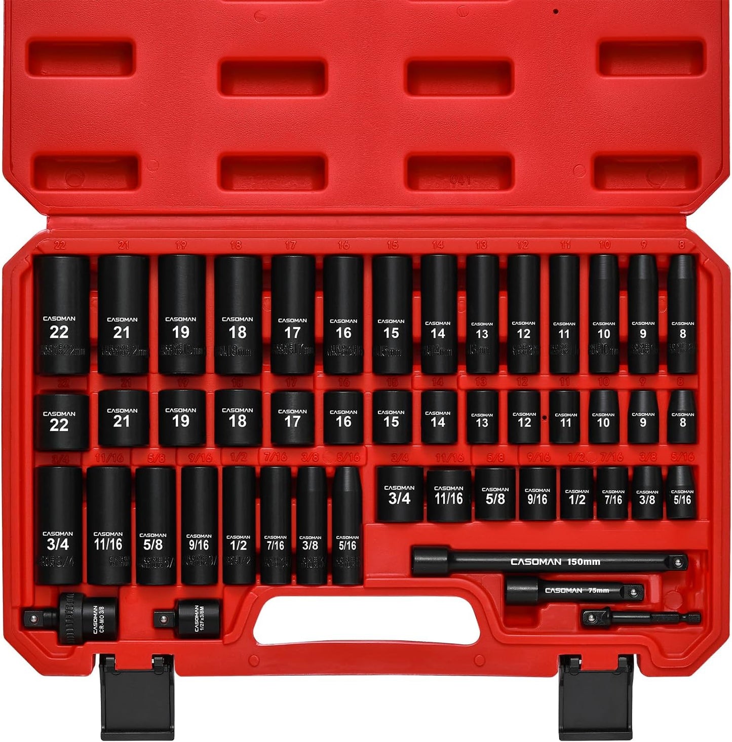 3/8" Drive Impact Socket Set, 49 Piece Standard SAE and Metric Sizes (5/16-Inch to 3/4-Inch and 8-22 mm), 6 Point, Cr-V Steel Socket Set