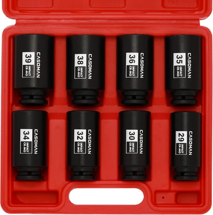 1/2-Inch Drive Deep Spindle Axle Nut Impact Socket Set,12-Point/6 Point, Metric, CR-MO, 29, 30, 32, 34, 35, 36, 38, 39mm, 8-Piece 1/2" Heavy Duty Impact Socket Set