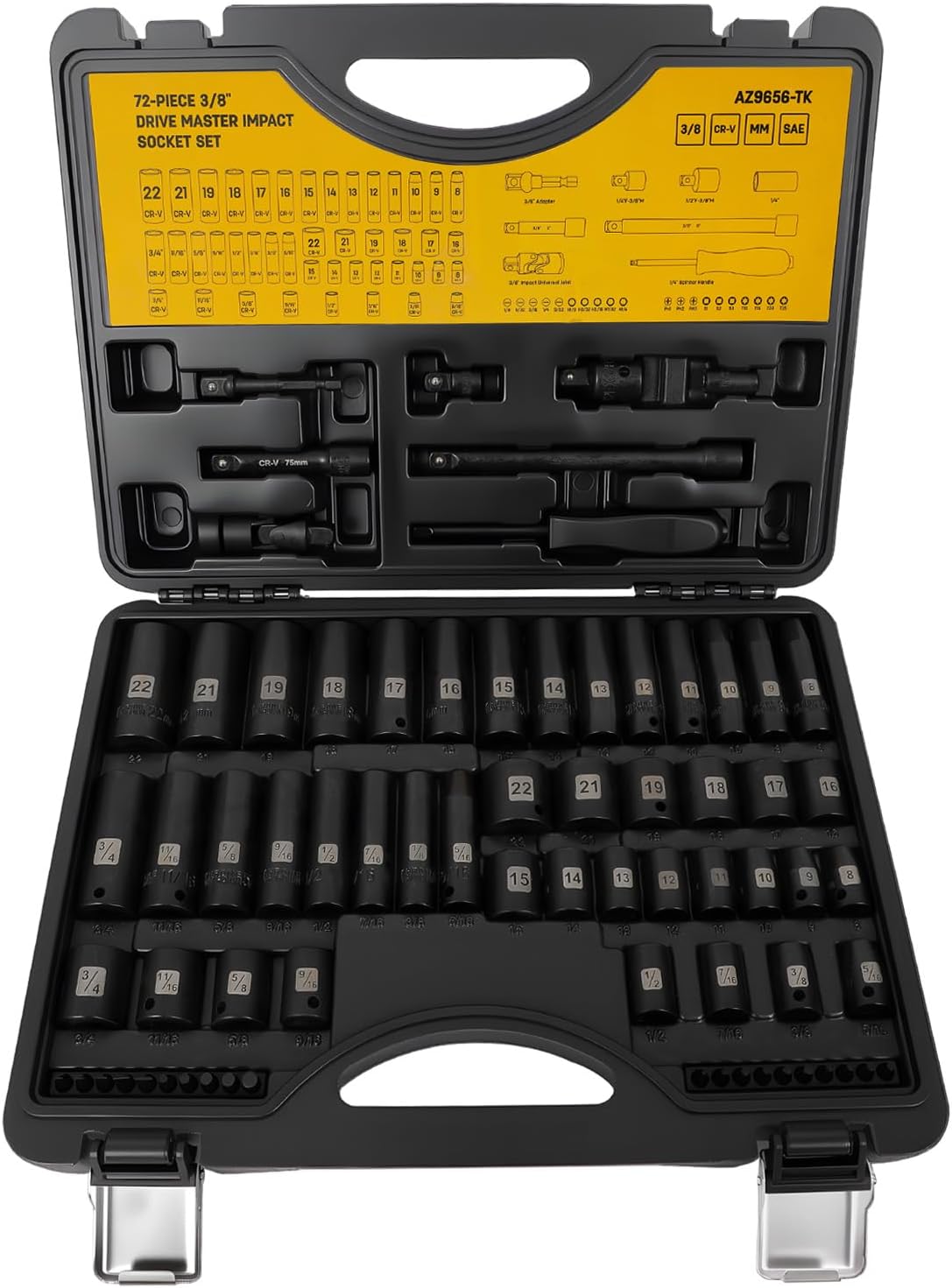 72 PCS 3/8" Impact Socket Bit Set 6 Point, CRV SAE and Metric Sizes (5/16 to 3/4-Inch & 8-22 mm), 2 Extension Rods, 1/4" & 1/2" Adapter, Universal Joint, Screwdriver Handle with 20 Bits