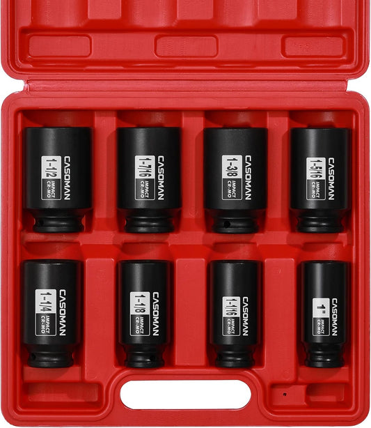 1/2-Inch Drive Deep Spindle Axle Nut Impact Socket Set,12-Point/6 Point, Metric, CR-MO, 29, 30, 32, 34, 35, 36, 38, 39mm, 8-Piece 1/2" Heavy Duty Impact Socket Set