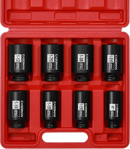 1/2-Inch Drive Deep Spindle Axle Nut Impact Socket Set,12-Point/6 Point, Metric, CR-MO, 29, 30, 32, 34, 35, 36, 38, 39mm, 8-Piece 1/2" Heavy Duty Impact Socket Set