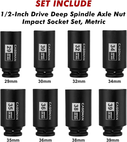 1/2-Inch Drive Deep Spindle Axle Nut Impact Socket Set,12-Point/6 Point, Metric, CR-MO, 29, 30, 32, 34, 35, 36, 38, 39mm, 8-Piece 1/2" Heavy Duty Impact Socket Set