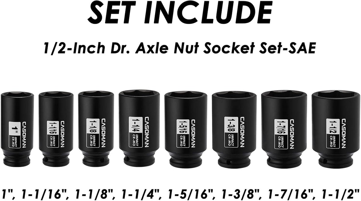 1/2-Inch Drive Deep Spindle Axle Nut Impact Socket Set,12-Point/6 Point, Metric, CR-MO, 29, 30, 32, 34, 35, 36, 38, 39mm, 8-Piece 1/2" Heavy Duty Impact Socket Set