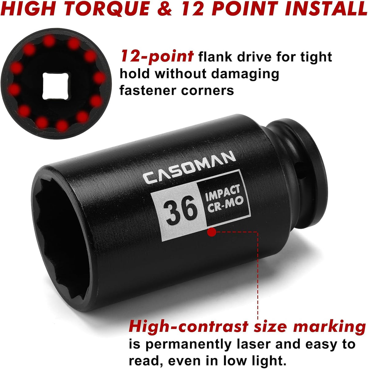 1/2-Inch Drive Deep Spindle Axle Nut Impact Socket Set,12-Point/6 Point, Metric, CR-MO, 29, 30, 32, 34, 35, 36, 38, 39mm, 8-Piece 1/2" Heavy Duty Impact Socket Set