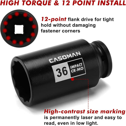 1/2-Inch Drive Deep Spindle Axle Nut Impact Socket Set,12-Point/6 Point, Metric, CR-MO, 29, 30, 32, 34, 35, 36, 38, 39mm, 8-Piece 1/2" Heavy Duty Impact Socket Set