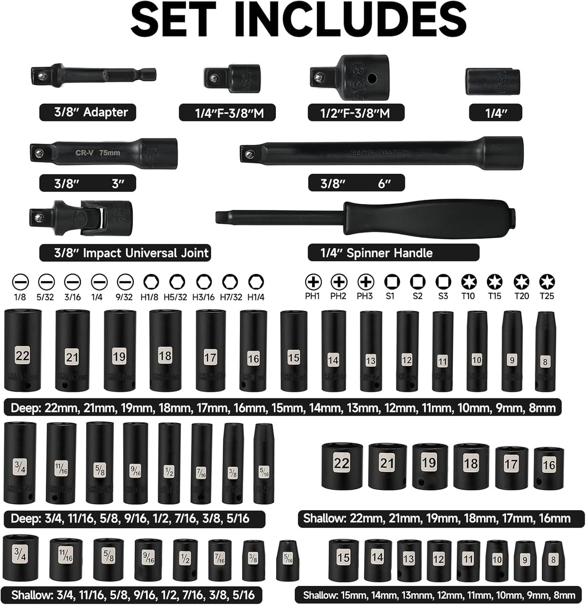 72 PCS 3/8" Impact Socket Bit Set 6 Point, CRV SAE and Metric Sizes (5/16 to 3/4-Inch & 8-22 mm), 2 Extension Rods, 1/4" & 1/2" Adapter, Universal Joint, Screwdriver Handle with 20 Bits