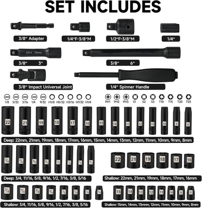 72 PCS 3/8" Impact Socket Bit Set 6 Point, CRV SAE and Metric Sizes (5/16 to 3/4-Inch & 8-22 mm), 2 Extension Rods, 1/4" & 1/2" Adapter, Universal Joint, Screwdriver Handle with 20 Bits