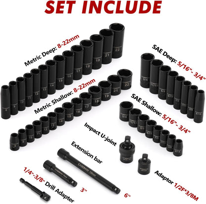 3/8" Drive Impact Socket Set, 49 Piece Standard SAE and Metric Sizes (5/16-Inch to 3/4-Inch and 8-22 mm), 6 Point, Cr-V Steel Socket Set
