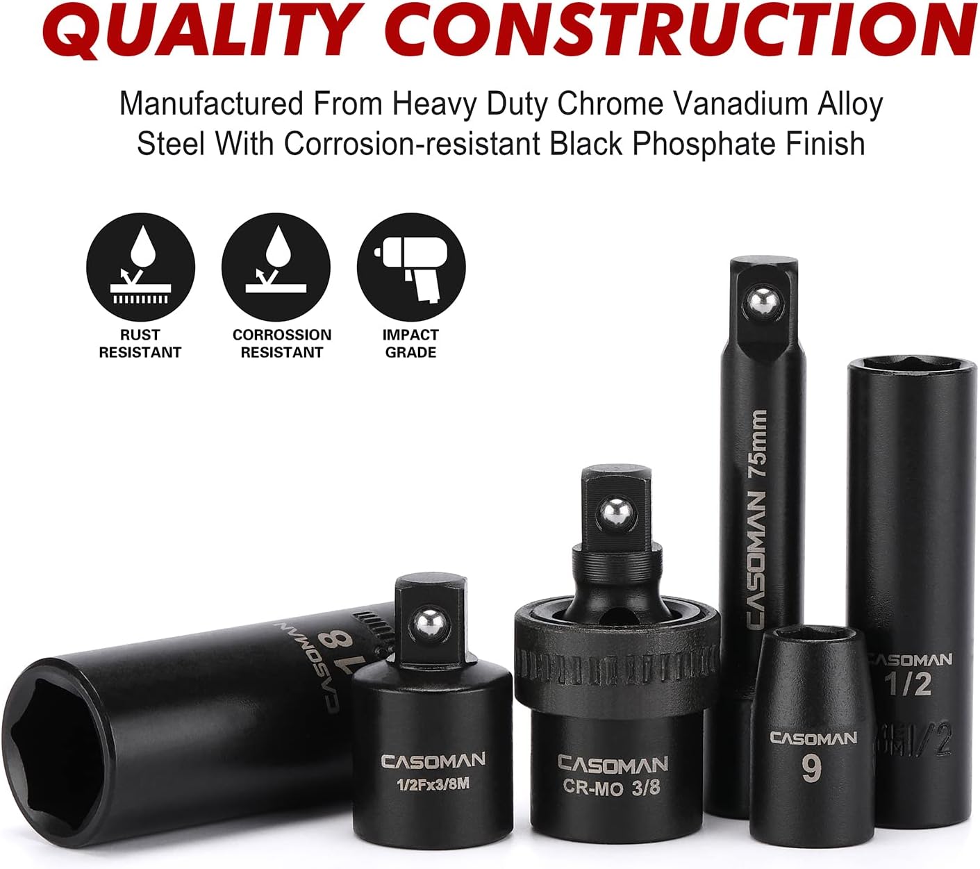 3/8" Drive Impact Socket Set, 49 Piece Standard SAE and Metric Sizes (5/16-Inch to 3/4-Inch and 8-22 mm), 6 Point, Cr-V Steel Socket Set
