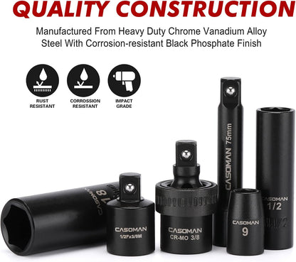 3/8" Drive Impact Socket Set, 49 Piece Standard SAE and Metric Sizes (5/16-Inch to 3/4-Inch and 8-22 mm), 6 Point, Cr-V Steel Socket Set